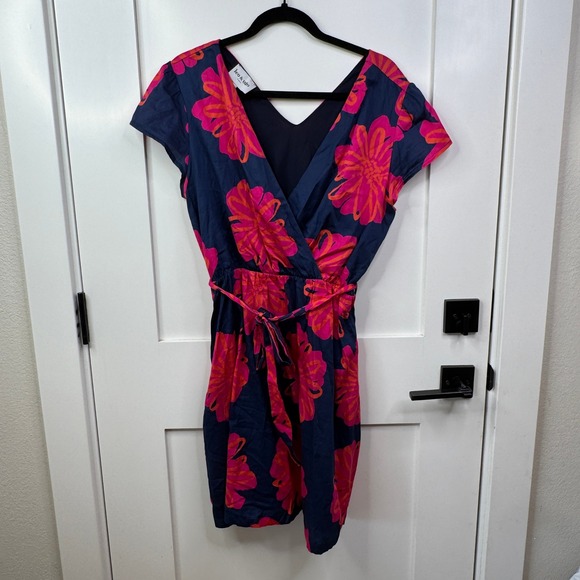 Leo & Ugo Paris Floral Print Dress Womens Size 2 Pink Orange Navy Blue tie Waist - Picture 1 of 10